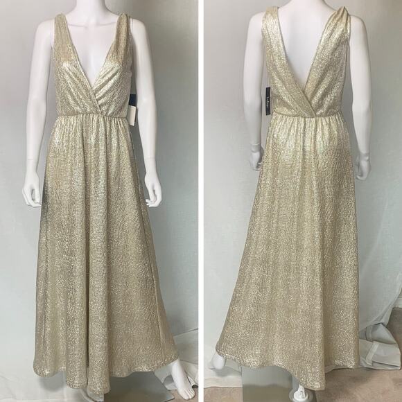 Lulus Gold Shimmering Maxi Dress Womens Small Deep V Neck Formal Gown (0405)NWT - Picture 1 of 12